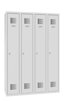 Lichtgrauer Kleiderwäscheschrank vor einem weißen Hintergrund und vier Flügeltüren mit Lochbild. Der Schrank hat 4 Abteile. Wahlweise mit Zylinder oder Drehriegel.